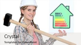  Presentation with rating - Amazing presentation theme having low cost housing - woman holding energy rating information backdrop and a light gray colored foreground