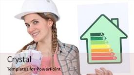  Presentation with biogas energy alternative - Audience pleasing slides consisting of low cost housing - woman holding energy score card backdrop and a soft green colored foreground