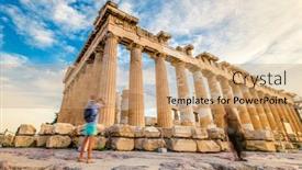  Presentation with tourists - Slide deck having low down shot of tourists photographing ruins of parthenon marble columns motion blur acropolis athens greece background and a coral colored foreground