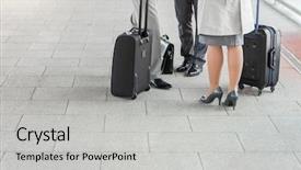  Presentation with railroad - Slide deck enhanced with low section of businesspeople with luggage standing on railroad platform background and a light gray colored foreground