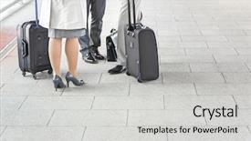  Presentation with luggage - Slides enhanced with low section of businesspeople with luggage standing on railroad platform background and a light gray colored foreground