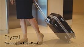  Presentation with luggage - PPT theme having low section of businesswoman with luggage standing in corridor background and a coral colored foreground