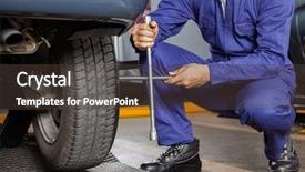  Presentation with garage car - Beautiful presentation theme featuring low section of male mechanic fix car tire with rim wrench at garage backdrop and a tawny brown colored foreground