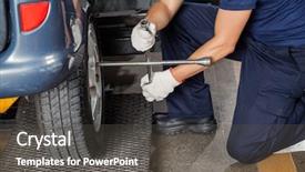  Presentation with garage car - Audience pleasing slide set consisting of low section of mechanic using rim wrench to fix car tire at garage backdrop and a dark gray colored foreground