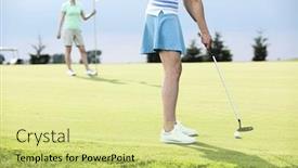  Presentation with golf player playing - Theme having low section of woman playing golf with female friend background and a yellow colored foreground