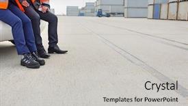  Presentation with shipping - Audience pleasing presentation consisting of low section of workers leaning on car in shipping yard backdrop and a light gray colored foreground