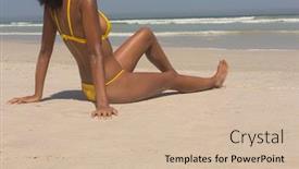  Presentation with sunshine - Slide set enhanced with low section of young african american woman in yellow bikini relaxing on the beach in the sunshine background and a soft green colored foreground
