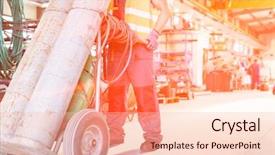  Presentation with worker - PPT theme enhanced with young manual worker moving gas background and a lemonade colored foreground