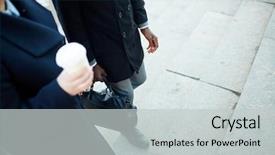  Presentation with coats - Amazing PPT theme having low section portrait of unrecognizable business colleagues coming up steps of office building wearing coats and holding coffee backdrop and a light gray colored foreground