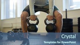  Presentation with effort - PPT layouts having low section portrait of unrecognizable man lifting two heavy kettlebells with vigorous effort during workout on gym background and a ocean colored foreground
