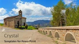  Presentation with church blue - Amazing theme having low stone fence along road towards small parish church under blue sky in piedmont northern italy backdrop and a coral colored foreground