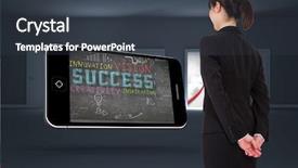  Presentation with opening doors - Cool new PPT theme with low vision - businesswoman standing against doors opening backdrop and a  colored foreground