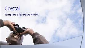 Presentation with man looking up happy - Audience pleasing slide deck consisting of low vision - one man looking through binoculars backdrop and a sky blue colored foreground