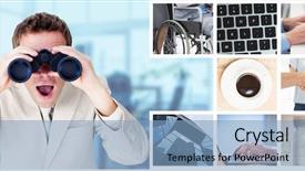  Presentation with board meeting room chairs - Theme with low vision - positive businessman using binoculars background and a light blue colored foreground