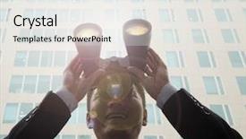  Presentation with lens flare on white - Slide set consisting of low vision - young businessman using binoculars background and a  colored foreground