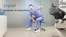  Presentation with back pain - Cool new PPT layouts with lower back pain in dental practice caucasian male dentist in uniform having short break for regeneration sitting on dental mobile saddle after long working hours in his office backdrop and a light blue colored foreground
