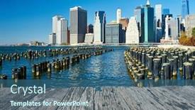  Presentation with new york city - PPT theme with lower manhattan skyline view from brooklyn bridge park in new york city background and a ocean colored foreground