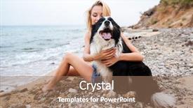 Presentation with guide dog helping blind woman - PPT theme consisting of loyal - happy pretty young woman hugging background and a coral colored foreground