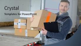  Presentation with think outside the box graphics - Cool new presentation theme with lt - delivery man holding box backdrop and a light gray colored foreground