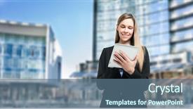  Presentation with using digital tablet - Amazing presentation design having lte - portrait of a woman using backdrop and a ocean colored foreground