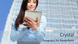  Presentation with tablets wood table tablet white - Presentation theme consisting of lte - portrait of a woman using background and a light blue colored foreground