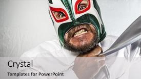  Presentation with face mask - Colorful presentation theme enhanced with lucha libre - stress angry businessman with iron backdrop and a light gray colored foreground