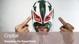  Presentation with face mask - Amazing presentation having lucha libre - stress angry businessman with iron backdrop and a gray colored foreground