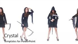  Presentation with white and black woman climbing ladders - Audience pleasing PPT layouts consisting of lucifer - woman with scythe isolated backdrop and a  colored foreground