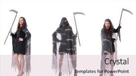  Presentation with white and black woman climbing ladders - Cool new PPT theme with lucifer - woman with scythe isolated backdrop and a  colored foreground