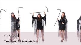  Presentation with white and black woman climbing ladders - Audience pleasing presentation consisting of lucifer - woman with scythe isolated backdrop and a  colored foreground