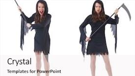  Presentation with white and black woman climbing ladders - Audience pleasing PPT layouts consisting of lucifer - woman with scythe isolated backdrop and a  colored foreground