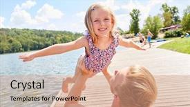  Presentation with freedom - Audience pleasing PPT theme consisting of lucking freedom - father raises his happy daughter backdrop and a  colored foreground