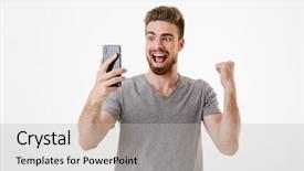  Presentation with winner - PPT theme enhanced with lucky - image of excited young man background and a light gray colored foreground