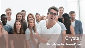  Presentation with team - Audience pleasing theme consisting of lucky-guy-standing-in-front backdrop and a gray colored foreground