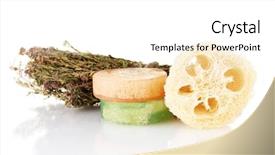  Presentation with angled loofah sponge gourd - Colorful presentation theme enhanced with lufe - loofah isolated on white backdrop and a  colored foreground