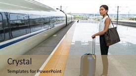  Presentation with train transport - PPT theme with luggage at central station background and a coral colored foreground