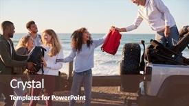  Presentation with welcome back friend - Presentation theme with luggage free - young adult friends unloading backpacks background and a  colored foreground