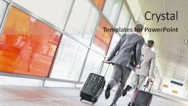  Presentation with aged - PPT theme with luggage rushing on railroad platform background and a mint green colored foreground