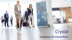  Presentation with elderly people walking difficulties - Slide set with luggage walking in convention background and a sky blue colored foreground