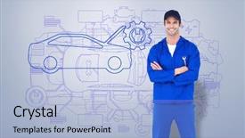  Presentation with robot wheel - PPT theme featuring lugs - confident mechanic holding wheel wrenches background and a  colored foreground