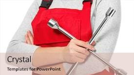  Presentation with female mechanic - Beautiful PPT theme featuring lugs - female auto mechanic with lug backdrop and a coral colored foreground