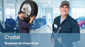  Presentation with car service - Colorful theme enhanced with lugs - smiling repairman with tire wrench backdrop and a teal colored foreground