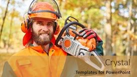  Presentation with chainsaw - Slide deck featuring lumberjack-or-forest-worker background and a gold colored foreground