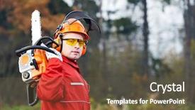  Presentation with safety work - Slide set with lumberjack worker in protective safety background and a tawny brown colored foreground