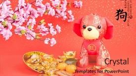  Presentation with chinese calligraphy - Audience pleasing PPT theme consisting of lunar holiday - tradition chinese cloth doll dog backdrop and a coral colored foreground