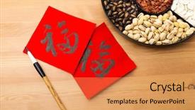  Presentation with blessing - Slide deck having lunar new year - assorted chinese sytle snack tray background and a yellow colored foreground