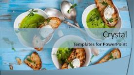  Presentation with green pea plant - Colorful theme enhanced with spring lunch - green pea soup with goat's backdrop and a light blue colored foreground