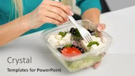  Presentation with plastic container - Presentation theme enhanced with lunch-and-people-concept-hands background and a light gray colored foreground