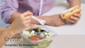  Presentation with plastic container - Slide set with lunch-and-people-concept-hands background and a coral colored foreground