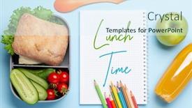  Presentation with school lunch - Slides featuring lunch-box-with-sandwich-vegetables background and a sky blue colored foreground